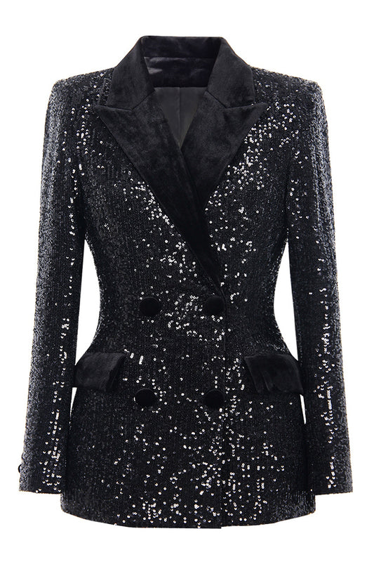 Sparkly Black Sequin Peak Lapel Women Prom Blazer