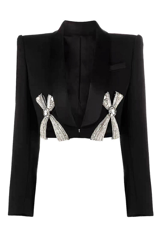 Sparkly Black Shawl Lapel Women Prom Blazer with Bows