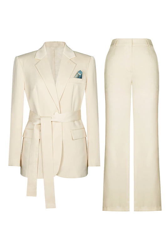 2 Piece Ivory Notched Lapel Business Suits with Sash