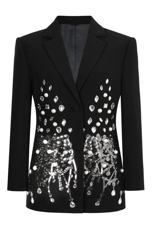 Sparkly Black Sequin Notched Lapel Women Prom Blazer with Rhinestones