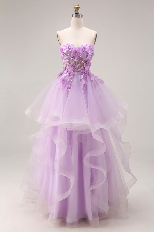 Lilac Tulle Spaghetti Straps Ruffled Long Corset Prom Dress with 3D Flowers