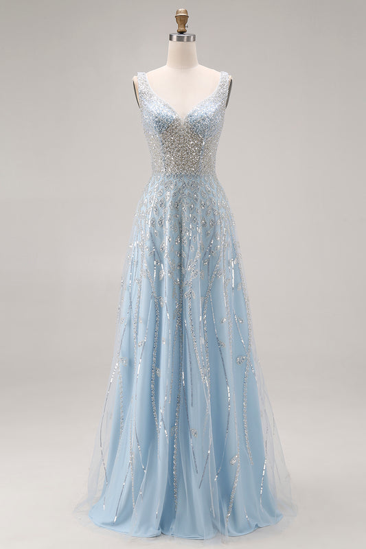 Sparkly Light Blue A Line Sequins Long Corset Prom Dress with Beading