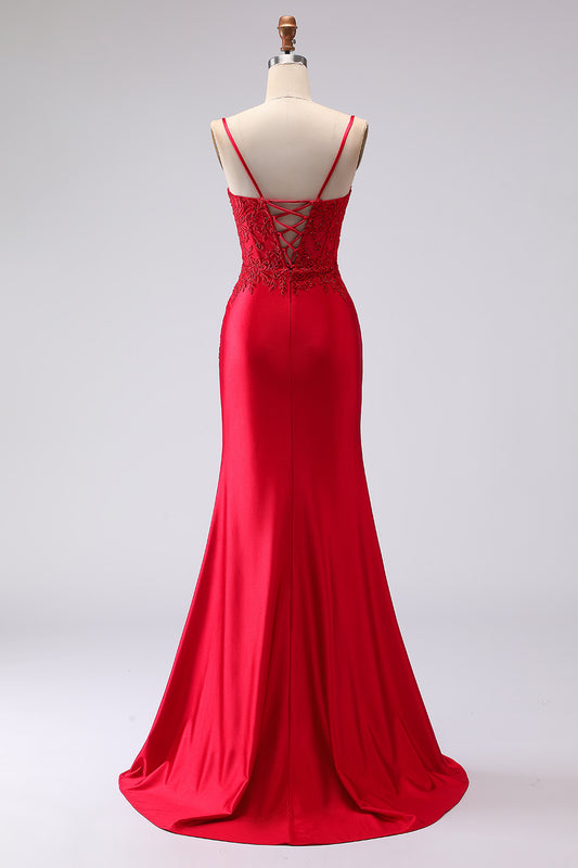Red Mermaid Appliqued Spaghetti Straps Long Prom Dress with Slit