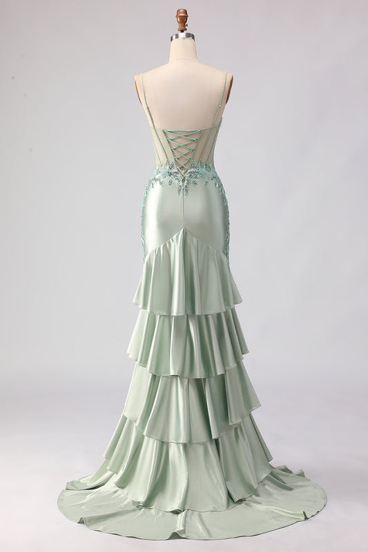 Floral Light Green Mermaid Beaded Long Corset Prom Dress with Ruffles