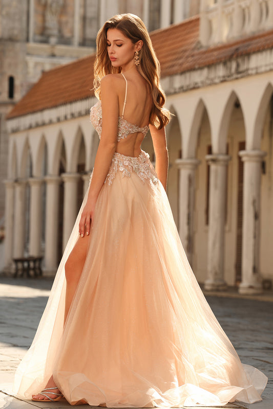 Floral Peach Lace Tulle Beaded Long Corset Prom Dress with Slit