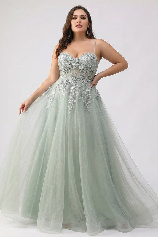 Plus Size Sage Green Floral Lace Beaded Tulle Long Corset Prom Dress with Slit