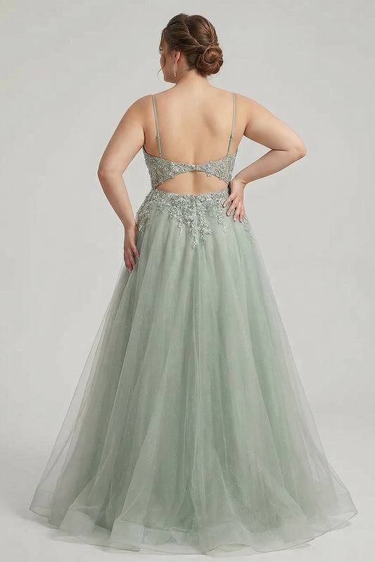 Plus Size Sage Green Floral Lace Beaded Tulle Long Corset Prom Dress with Slit