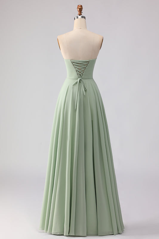 Dusty Sage Ruched A Line Chiffon Strapless Long Bridesmaid Dress