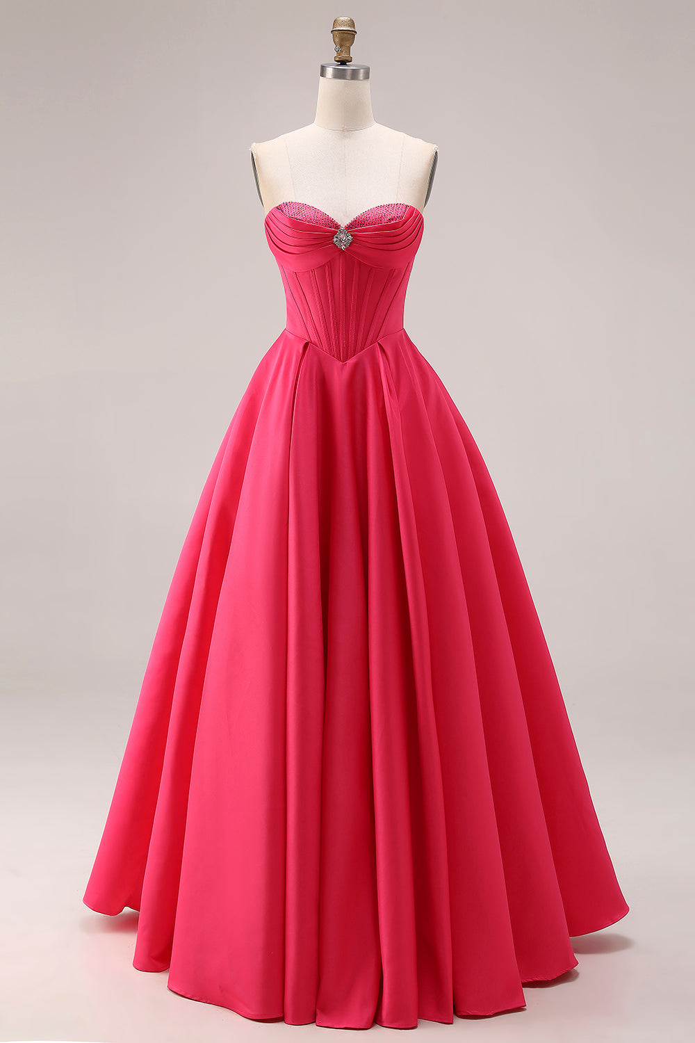 Zapaka Women Candy Pink A-Line Prom Dress Sweetheart Corset Ruched Long Party Dress with Beading, Candy Pink / UK6
