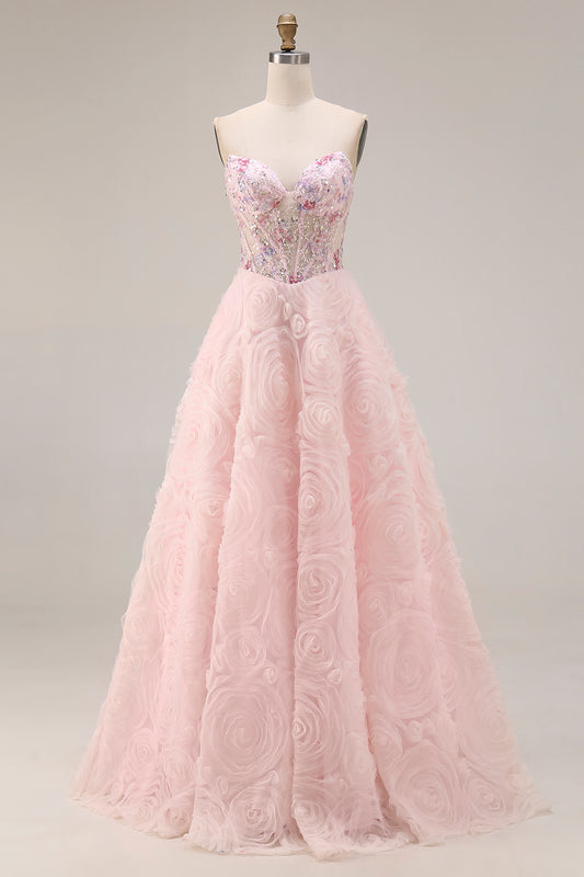 Sparkly Floral Pink A Line Tulle Beaded Long Corset Prom Dress