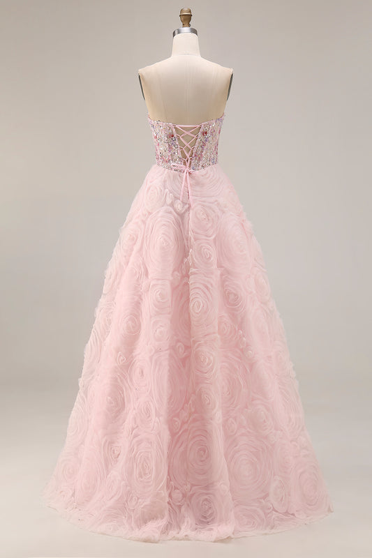 Sparkly Floral Pink A Line Tulle Beaded Long Corset Prom Dress