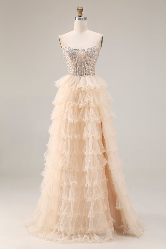 Sparkly Apricot A Line Tiered Beaded Long Corset Prom Dress with Slit