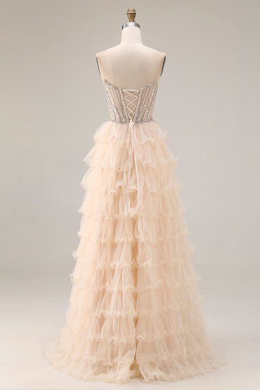 Sparkly Apricot A Line Tiered Beaded Long Corset Prom Dress with Slit
