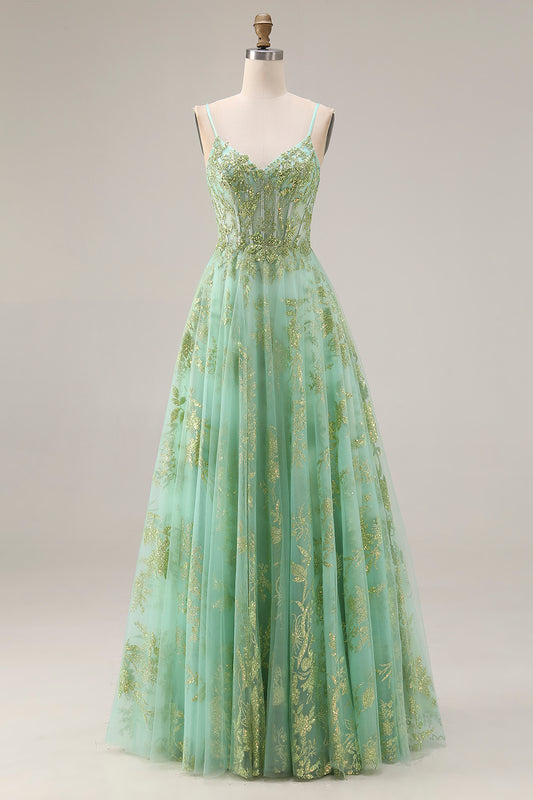 Sparkly Floral Green A Line Spaghetti Straps Long Corset Prom Dress