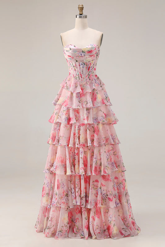 Floral Pink A Line Tiered Sweetheart Long Corset Prom Dress