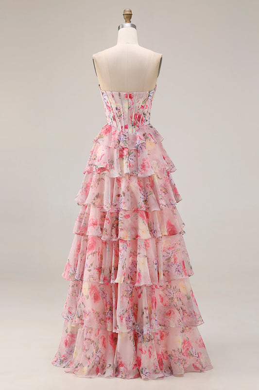 Floral Pink A Line Tiered Sweetheart Long Corset Prom Dress