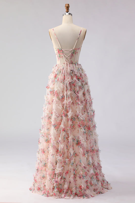 Light Pink A Line Spaghetti Straps Long Floral Prom Dress with Ruffles