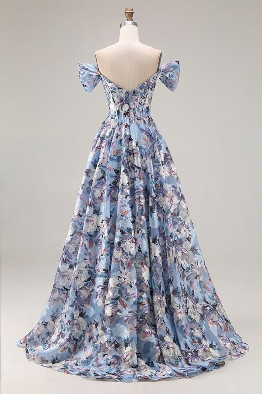Floral Blue Off the Shoulder Long Corset Prom Dress with Slit
