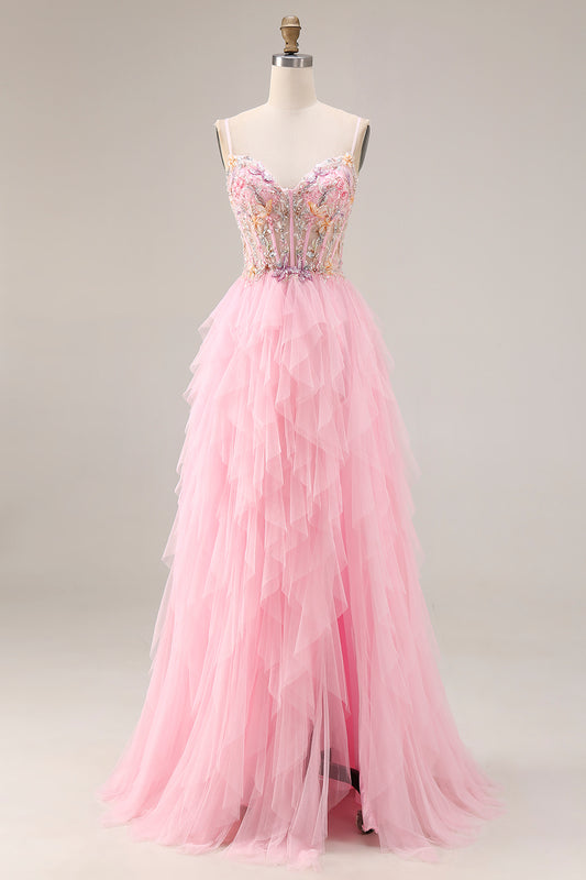 Sparkly Pink A Line Beaded Long Corset Prom Dress with Slit
