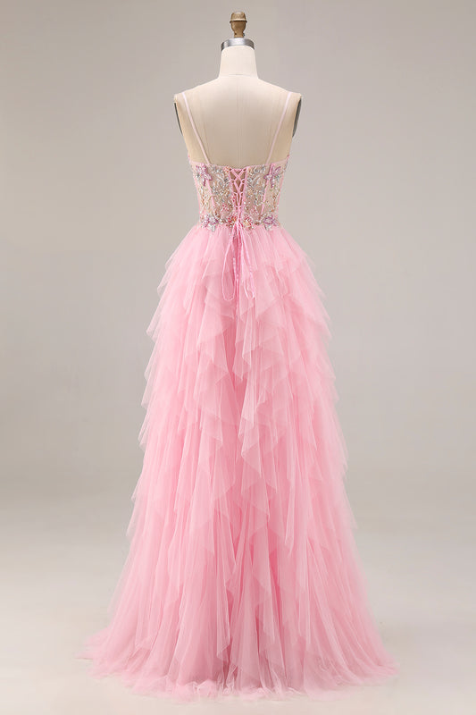 Sparkly Pink A Line Beaded Long Corset Prom Dress with Slit