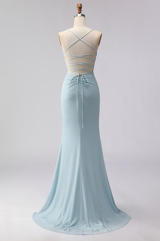 Dusty Blue Mermaid Beaded Spaghetti Straps Long Corset Prom Dress