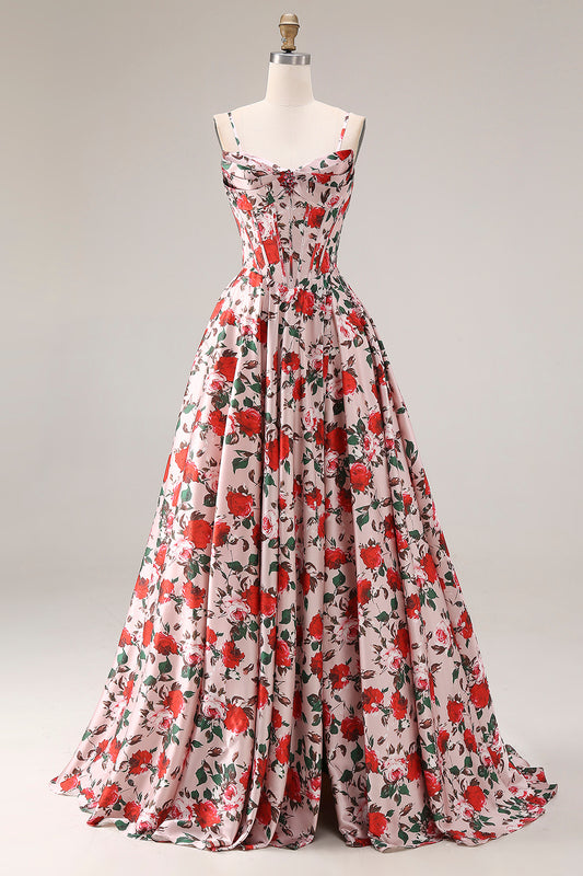 Red A Line Corset Spaghetti Straps Floral Long Prom Dress