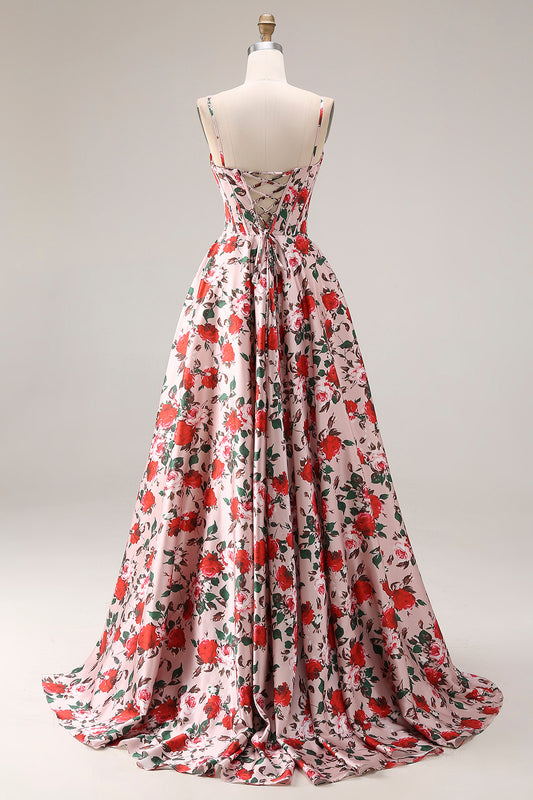 Red A Line Corset Spaghetti Straps Floral Long Prom Dress