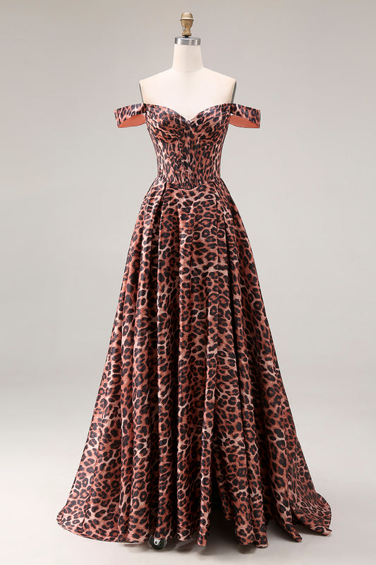 Coffee Leopard Off the Shoulder Corset A Line Long Prom Dress