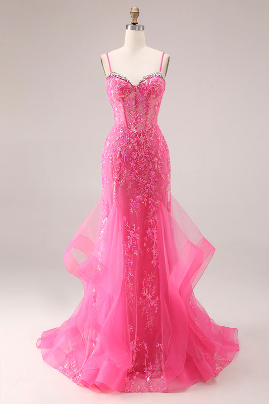 Sparkly Fuchsia Corset Lace Mermaid Spaghetti Straps Long Prom Dress with Ruffles