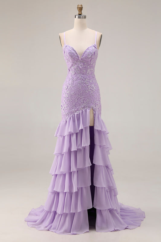 Floral Purple Mermaid Ruffled Spaghetti Straps Long Prom Dress