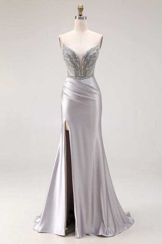 Sparkly Light Grey Spaghetti Straps Mermaid Long Prom Dress with Slit