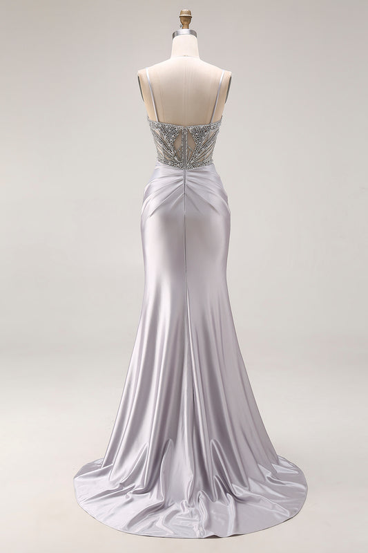 Sparkly Light Grey Spaghetti Straps Mermaid Long Prom Dress with Slit