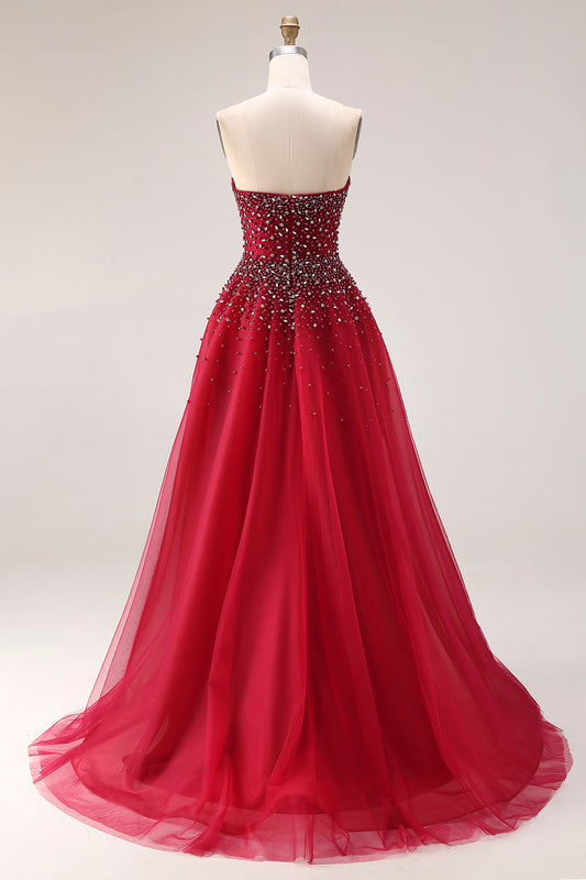 Sparkly Red Tulle Strapless A Line Long Prom Dress with Beading
