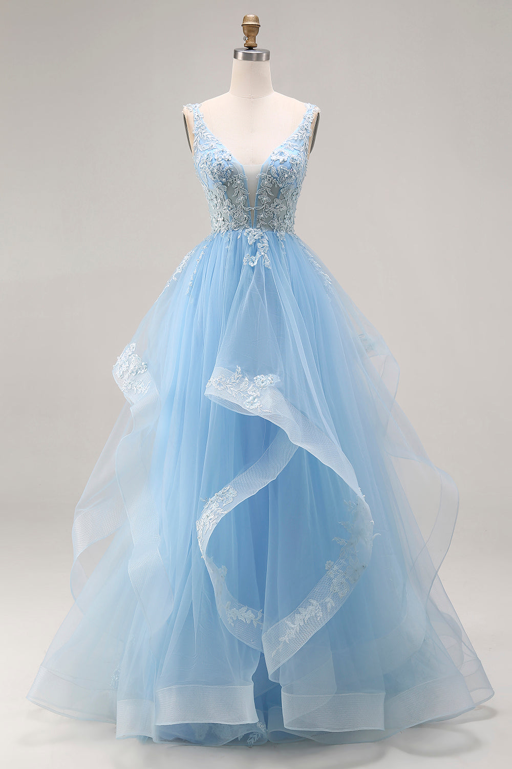 Zapakasa Women Sky Blue Floral Tulle Long Corset Prom Dress with Ruffles A Line V-Neck Appliqued Backless Pageant Dress Zapakasa Women Sky Blue Floral Tulle Long Corset Prom Dress with Ruffles A Line V-Neck Appliqued Backless Pageant Dress