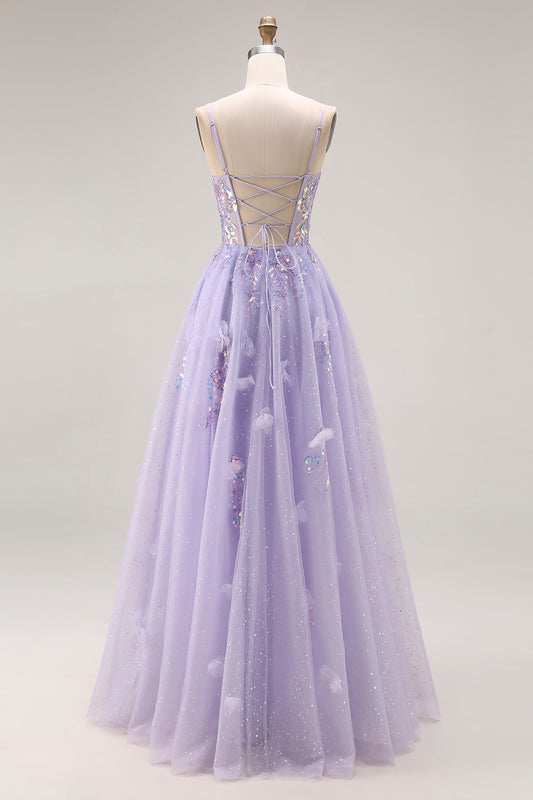 Sparkly Light Purple Sequins A Line Long Corset Prom Dress with Slit