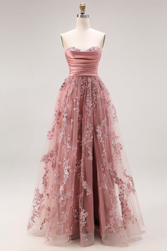 Sparkly Dusty Rose Floral A Line Sweetheart Long Prom Dress with Slit