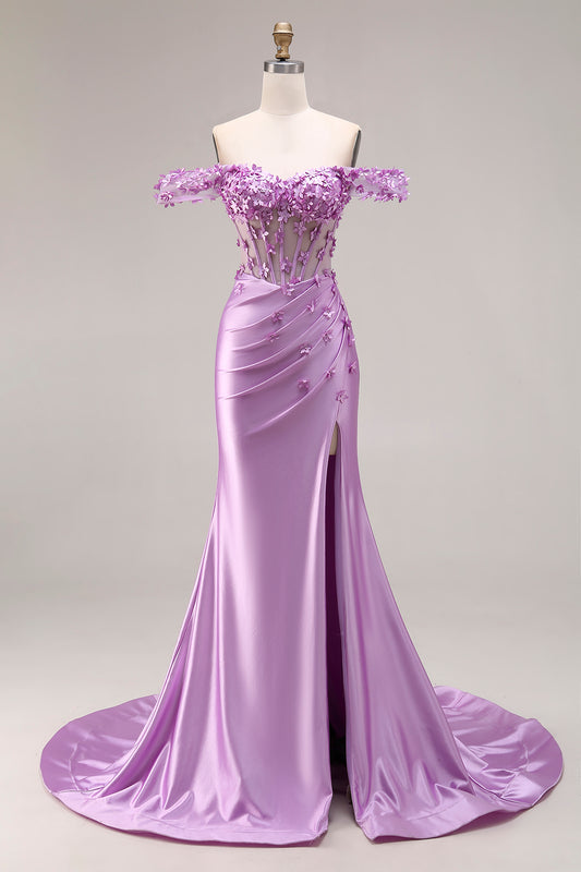 Purple Floral Mermaid Off the Shoulder Long Corset Prom Dress with 3D Flowers
