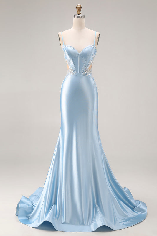 Sky Blue Satin Mermaid Cut Out Long Corset Prom Dress with Appliques