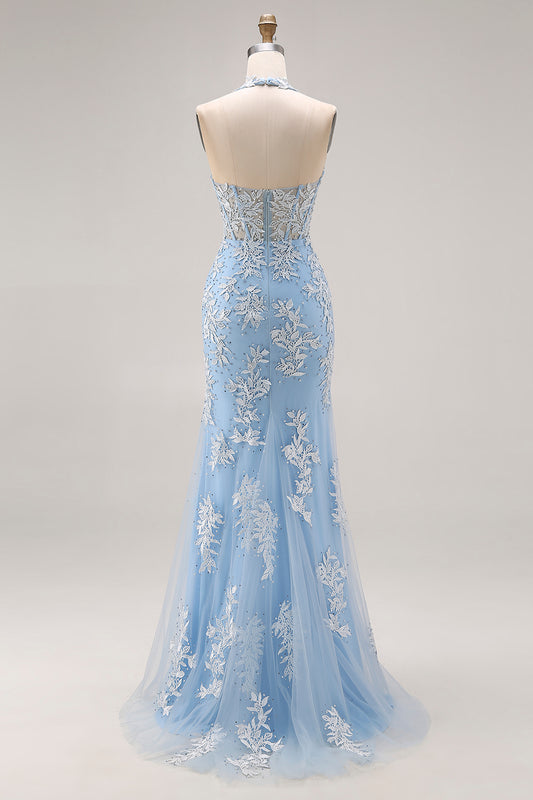 Sky Blue Mermaid Appliqued Halter Long Corset Prom Dress with Slit