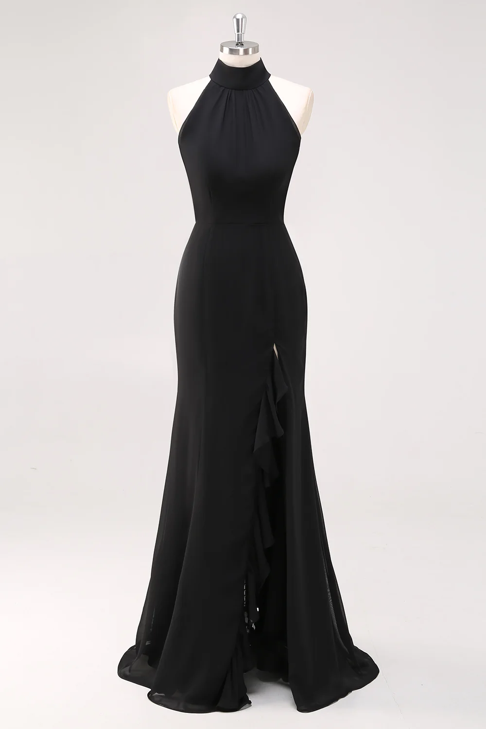 Zapakasa Women Black Halter Neck Long Prom Dress Ruffled Mermaid Formal Dress with Slit Zapakasa Women Black Halter Neck Long Prom Dress Ruffled Mermaid Formal Dress with Slit