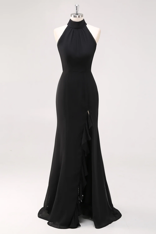 Black Mermaid Halter Neck Ruffled Long Formal Dress with Slit