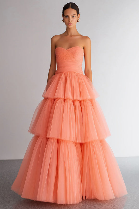 Light Orange Tiered Organza Sweetheart A Line Long Prom Dress