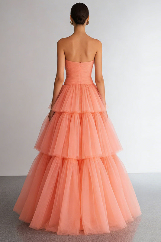 Light Orange Tiered Organza Sweetheart A Line Long Prom Dress