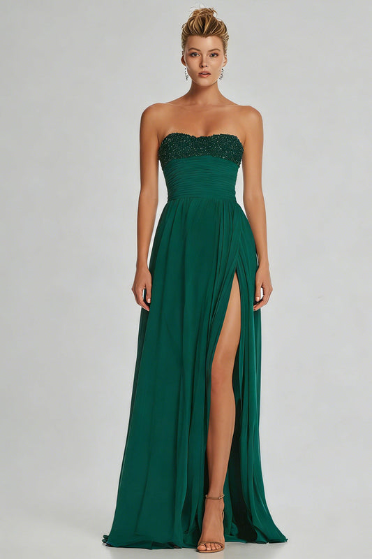 Simple Dark Green Sheath Strapless Beaded Long Prom Dress with Slit