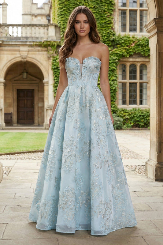 Floral Light Blue Sweetheart A Line Long Corset Prom Dress
