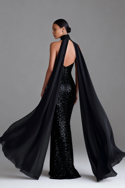 Sparkly Black High Neck Mermaid Sequin Long Prom Dress with Cape