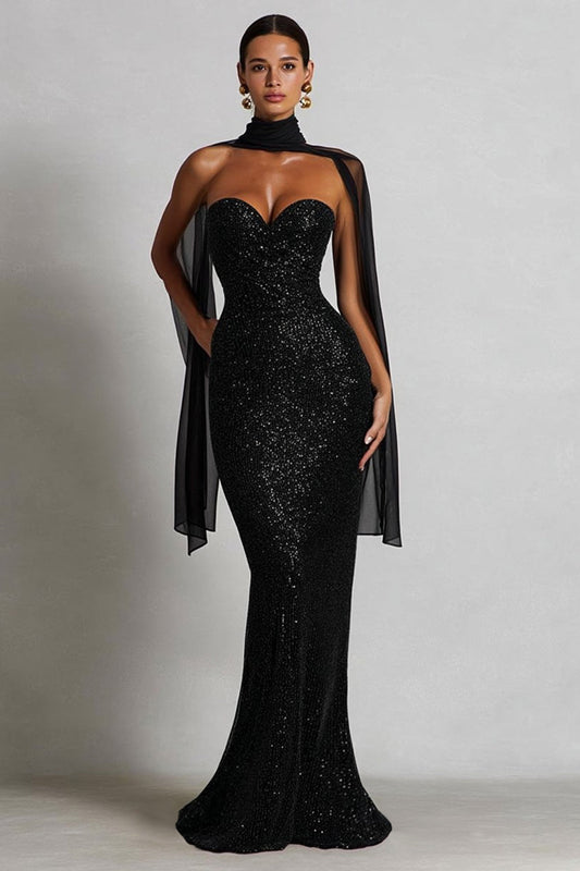 Sparkly Black Mermaid Sweetheart Neck Scarf Sequin Long Prom Dress