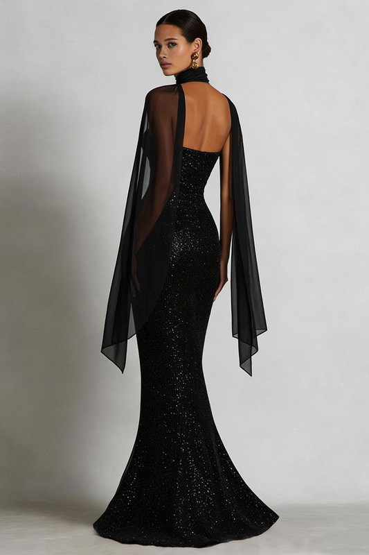 Sparkly Black Mermaid Sweetheart Neck Scarf Sequin Long Prom Dress