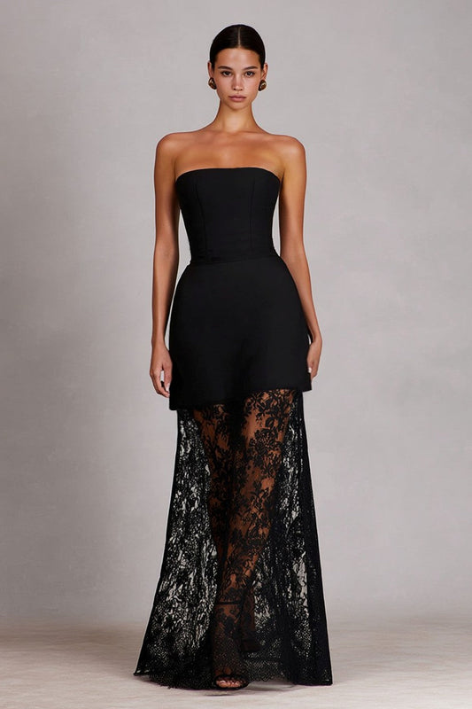 Black Lace Sheath Strapless Long Prom Dress