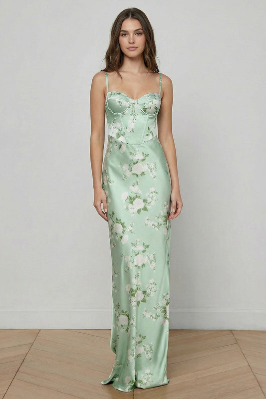 Floral Sage Green Mermaid Satin Spaghetti Straps Long Corset Prom Dress